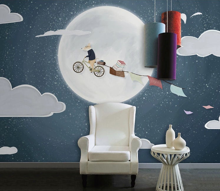 Nordic Minimalist Cartoon Fox Moon Fullmoon Wallpaper