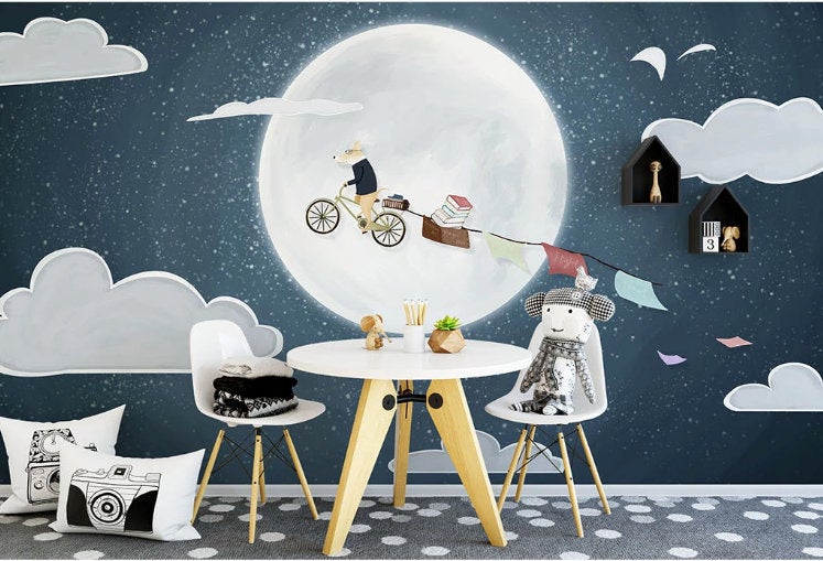 Nordic Minimalist Cartoon Fox Moon Fullmoon Wallpaper