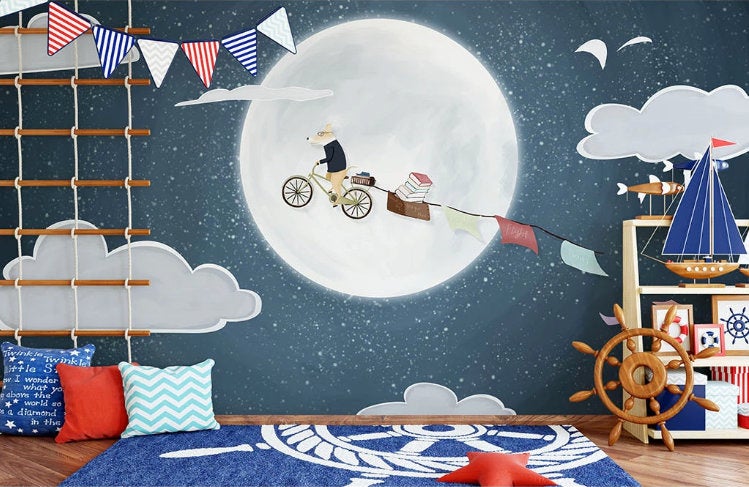 Nordic Minimalist Cartoon Fox Moon Fullmoon Wallpaper