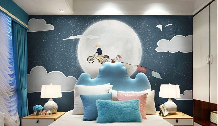 Nordic Minimalist Cartoon Fox Moon Fullmoon Wallpaper