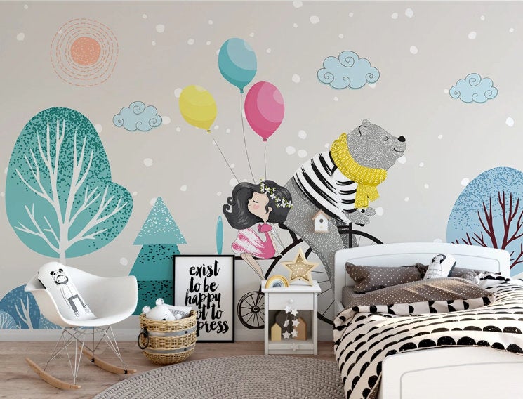 Gray Grizzly Bear Trees Girl and Balloons Wallpaper Children Kids Room Mural Home Decor Wall Art