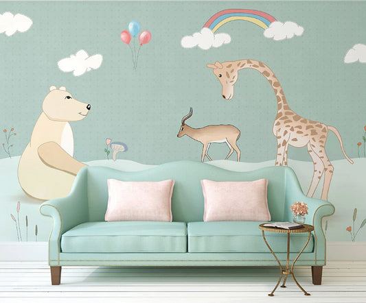 Bear Giraffe Deer Animal Landscape Kids Room Wallpaper