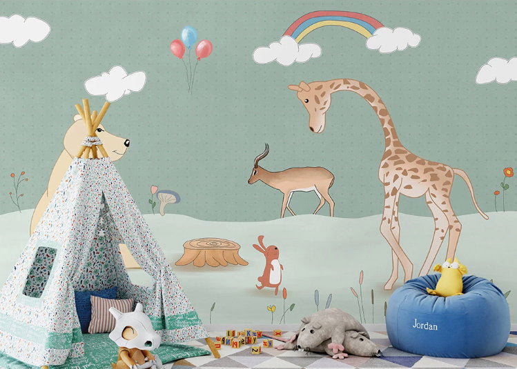 Bear Giraffe Deer Animal Landscape Kids Room Wallpaper