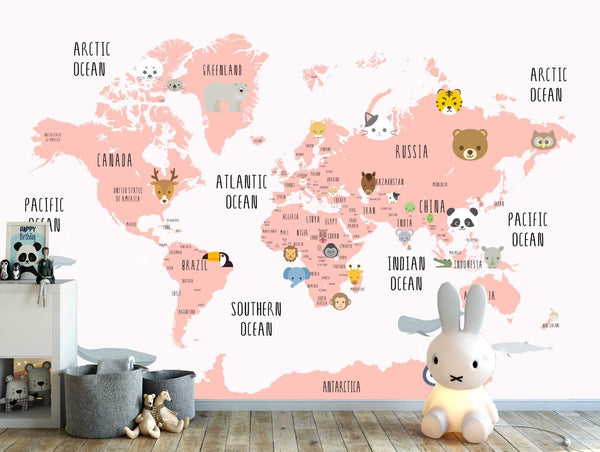 Pink for Girls Kids World Map Cute Animals Wallpaper