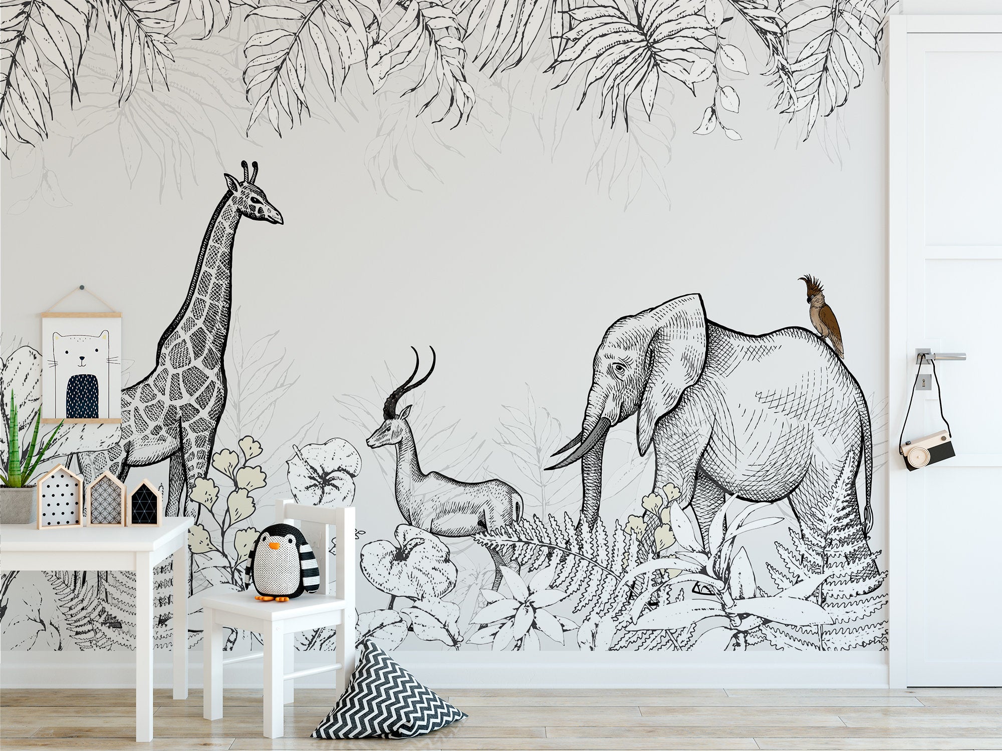 White Black Animals Giraffe Elephant Drawing Jungle Wallpaper