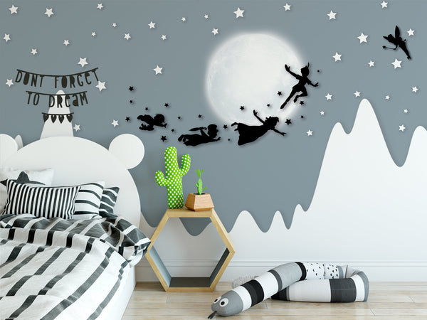 Peter Pan Silhouette Flying with Friends Stars Moon Wallpaper