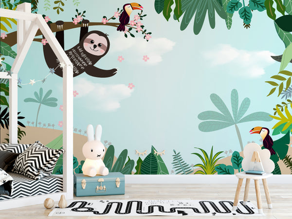 Cute Cartoon Sloth and Hornbill in Tropical Jungle Wallpaper