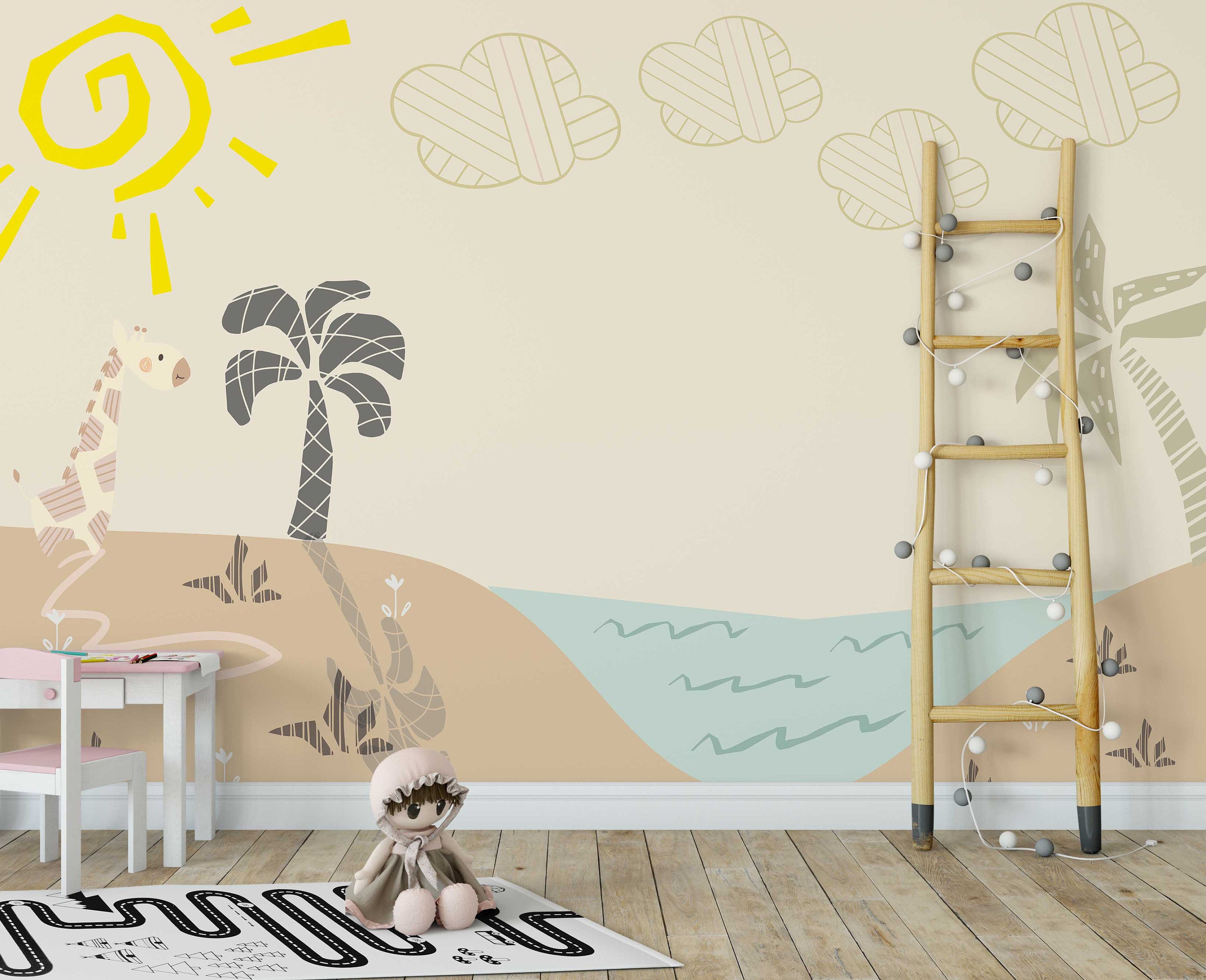 Beach Palm Exotic Giraffe Tropical Sun Background Wallpaper