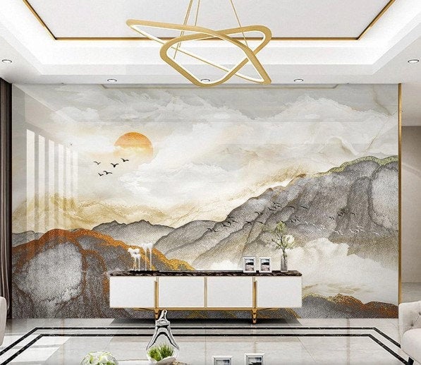 Hand Painted Marble Texture Sunset Landscape Wallpaper