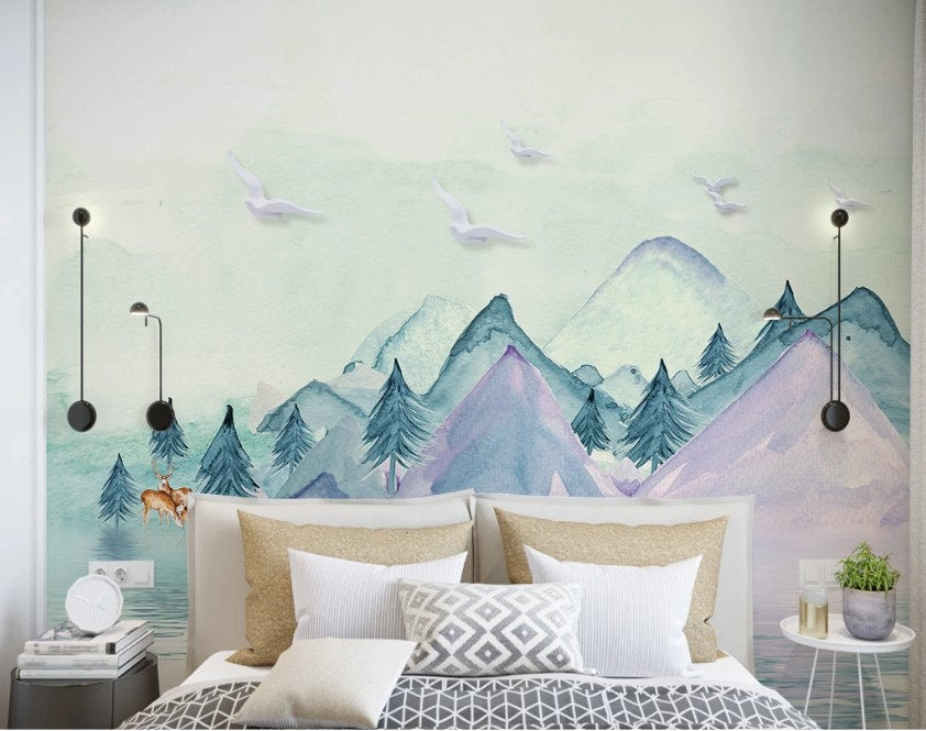 Watercolor Foggy Forest Misty Gray Mountain Wallpaper