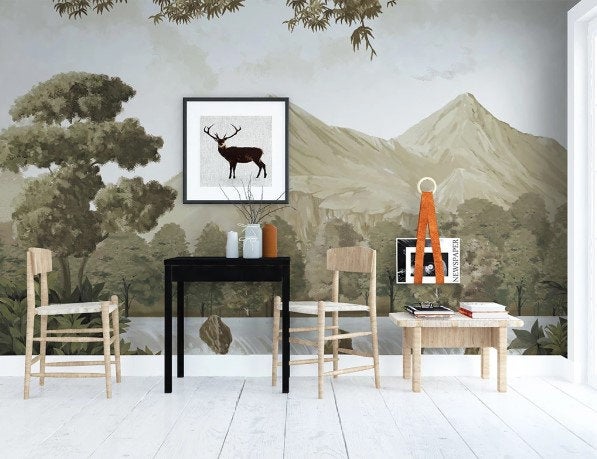 Oil Painting Misty Beige Mountain Landscape Wallpaper