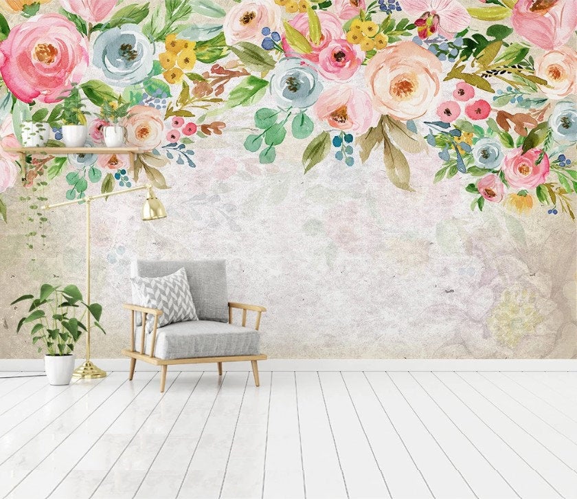 Hand Painted Colorful Giant Flowers Floral Wallpaper