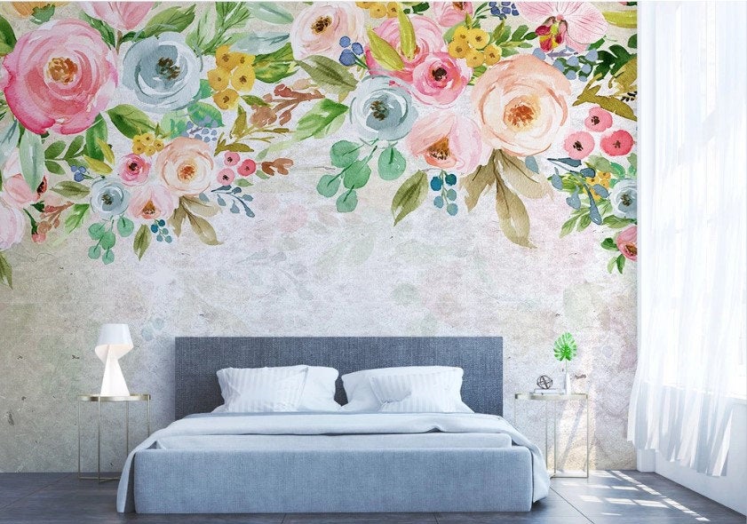 Hand Painted Colorful Giant Flowers Floral Wallpaper