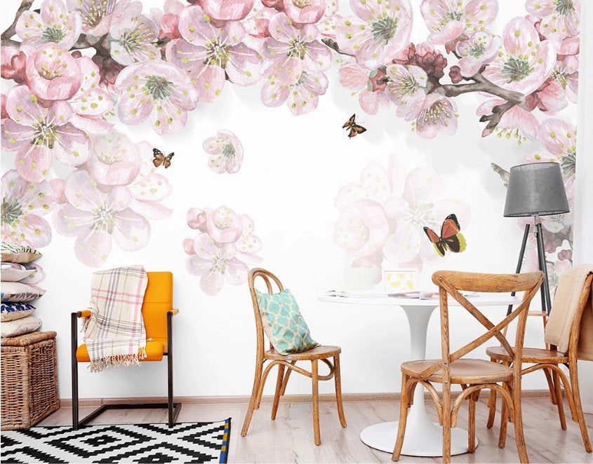 Boho Chic Watercolor Flowers Wall Mural Lila Flowers Wallpaper