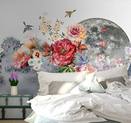 Birds Peony Rose Flowers Moon Peonies Wallpaper