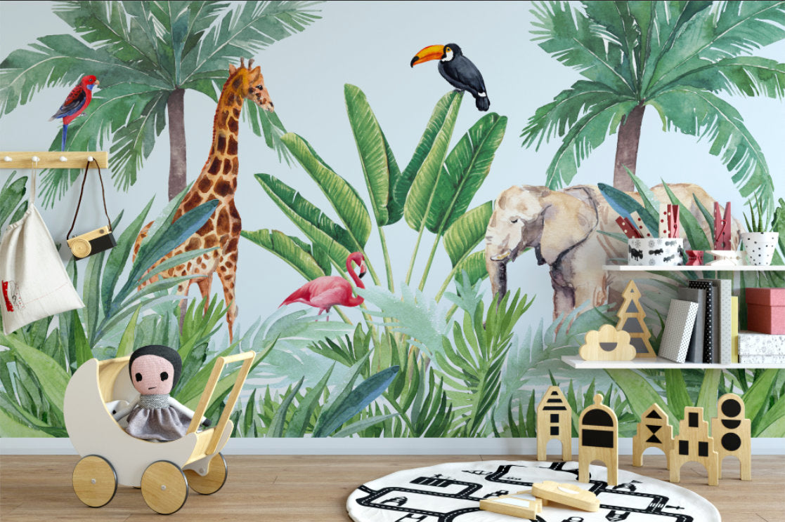 Jungle Giraffe Elephant and Birds Wallpaper Removable