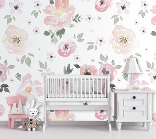 Soft Pink Floral Watercolor Flowers Wallpaper Wallcovering