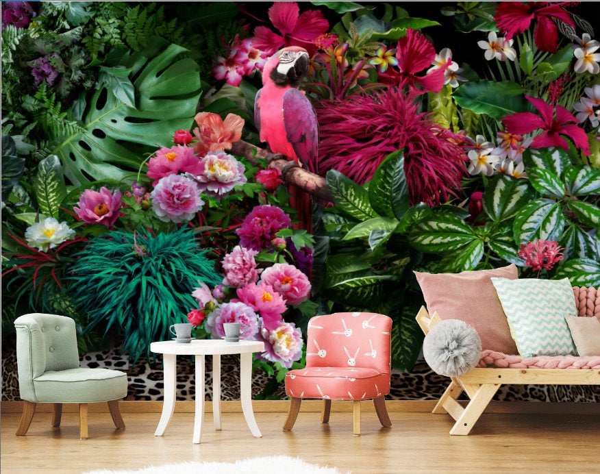 Pink Peacock Tropical Leaves Nature Jungle Wallpaper Wall Art