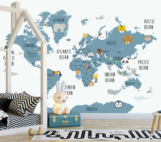 Blue Kids World Map Cartoon with Cute Animals Wallpaper