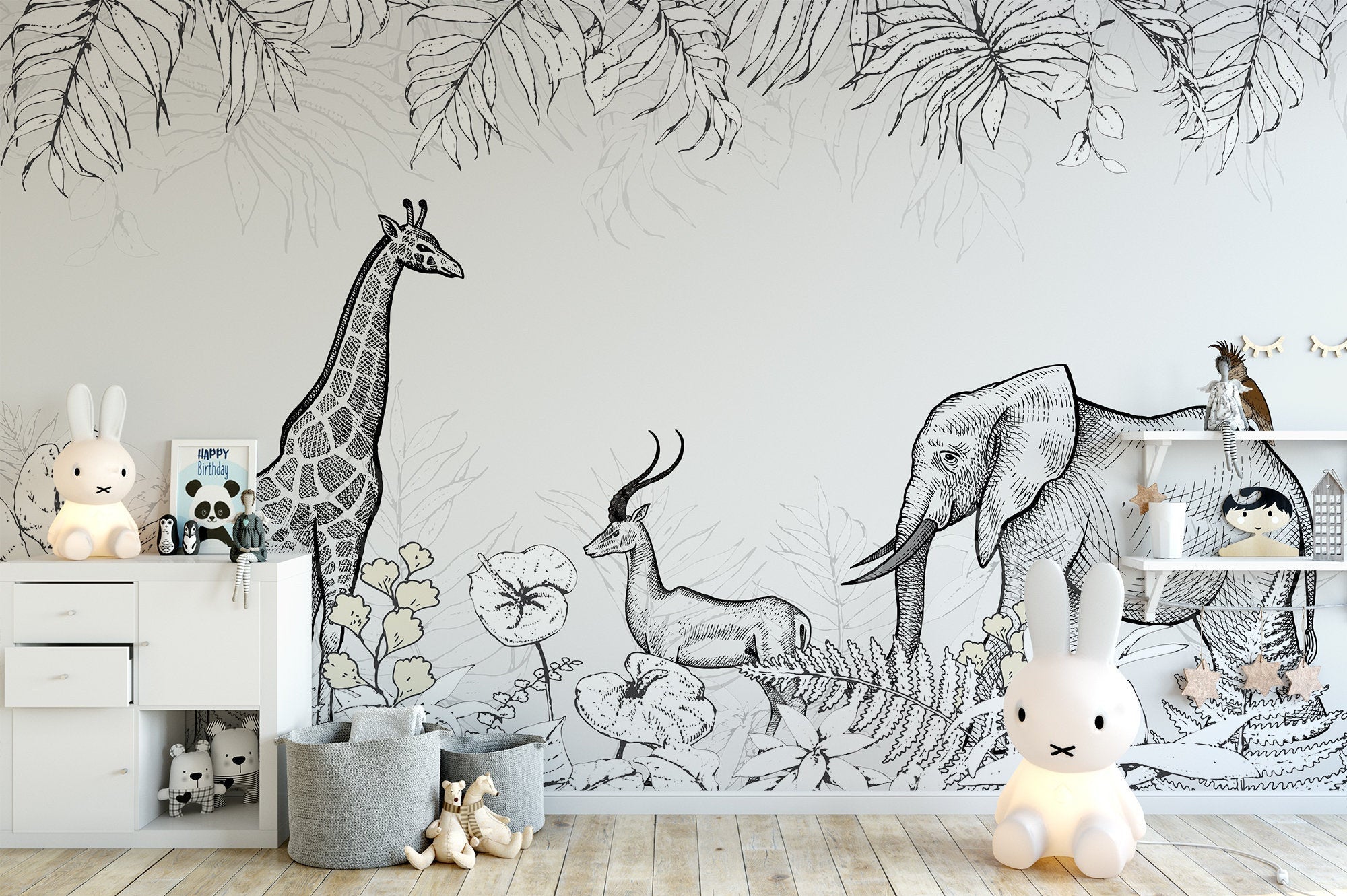 White Black Animals Giraffe Elephant Drawing Jungle Wallpaper