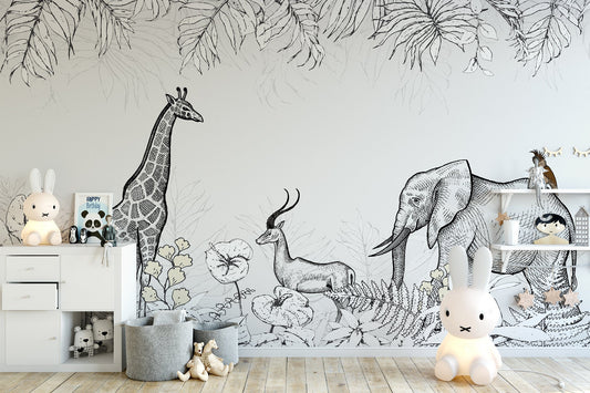 White Black Animals Giraffe Elephant Drawing Jungle Wallpaper