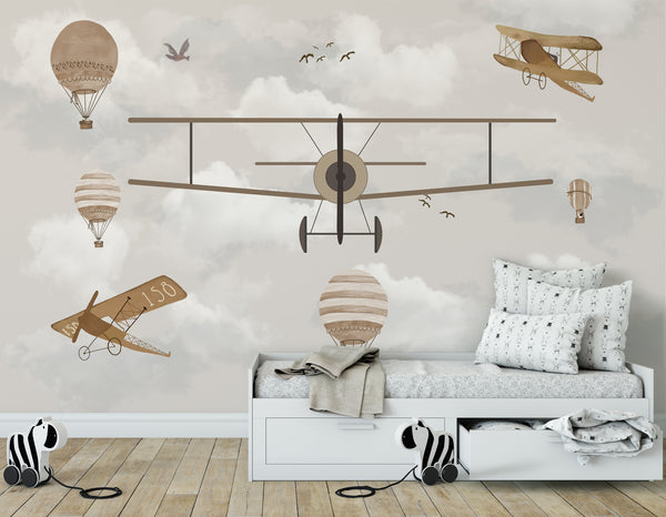 Airplane Flying Hot Air Balloon Wallpaper Removable