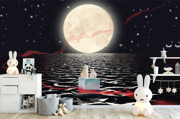 Moonlight Rabbits Sea Night Decor Wallpaper Art Modern Wall