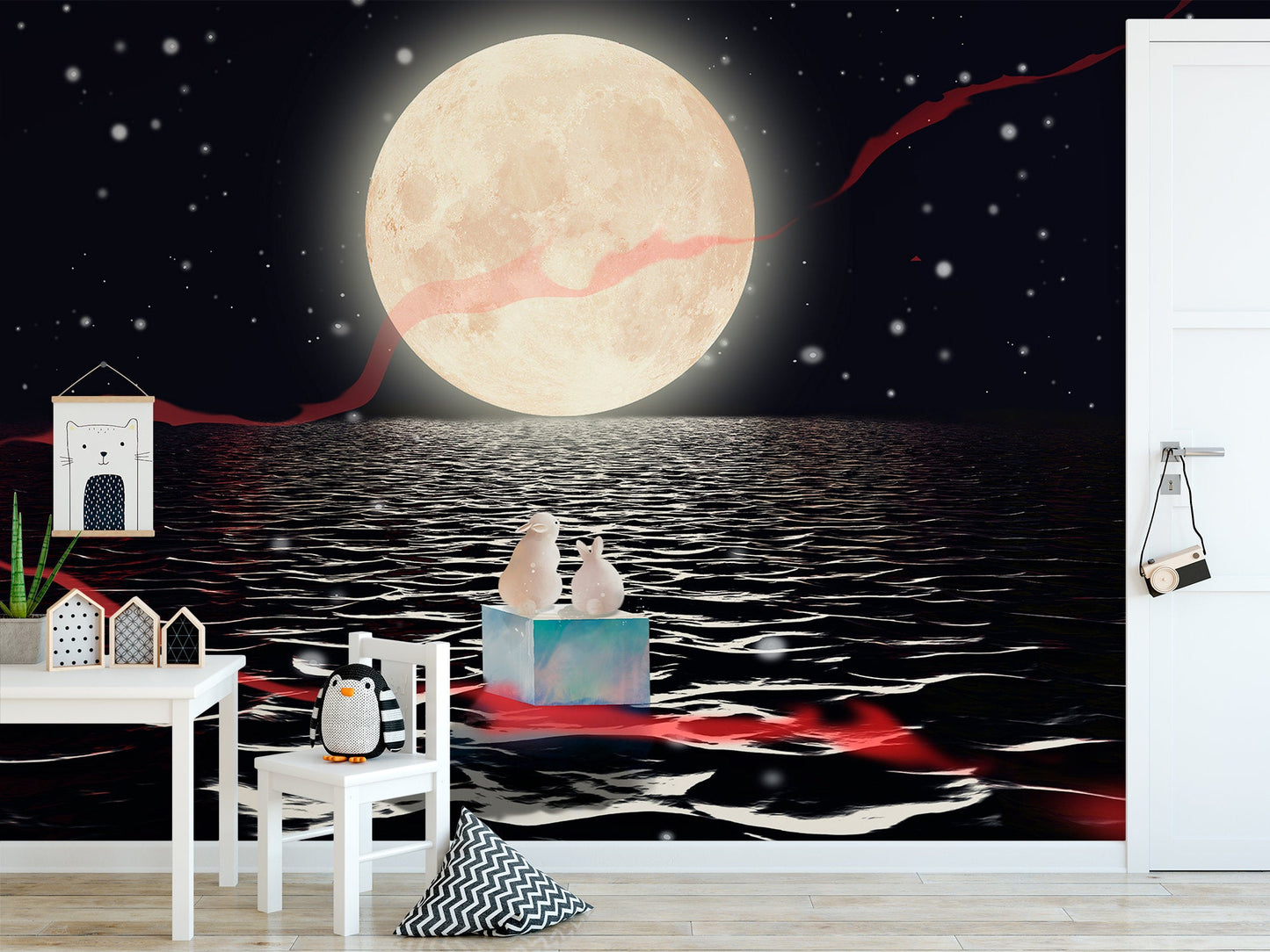 Moonlight Rabbits Sea Night Decor Wallpaper Art Modern Wall
