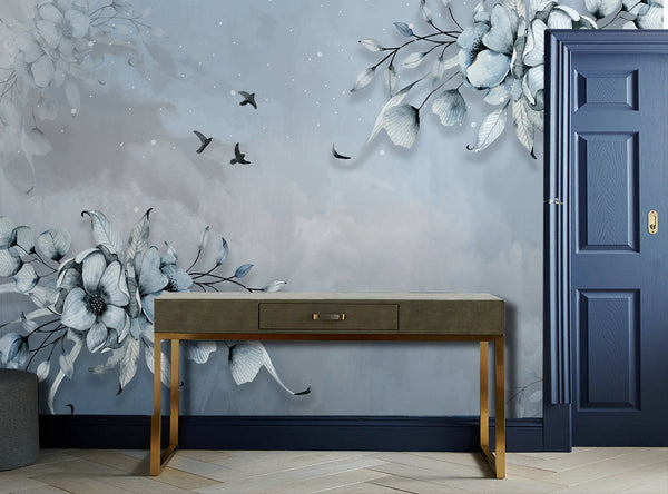 Blue Flowers Flying Birds Cool Wallpaper Wall Decor Mural Art