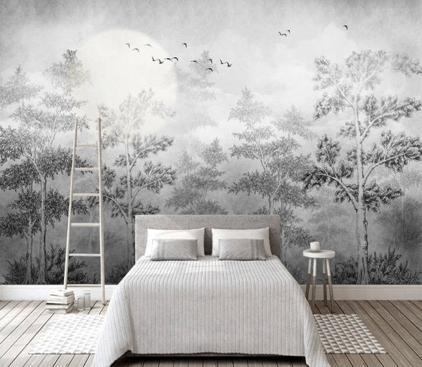 Pen Drawing Forest Moon Fullmoon Birds Gray Sky Wallpaper