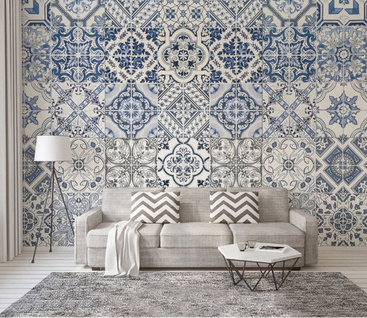 Arab Motif Blue Square Design Decor Wall Art Wallpaper