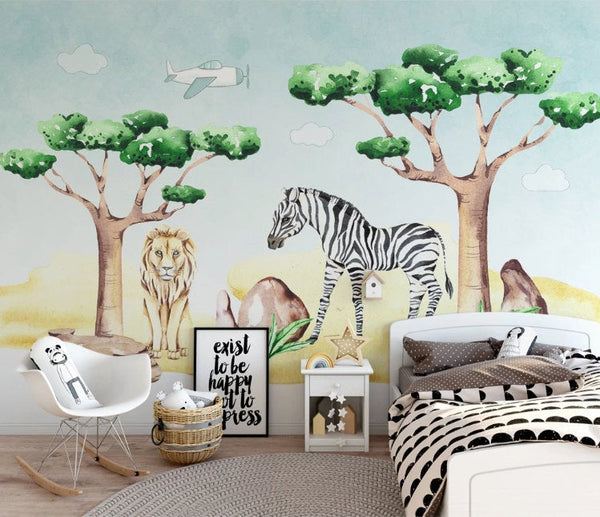 Lion Zebra Trees Plane Blue Sky Animal Kids Wallpaper