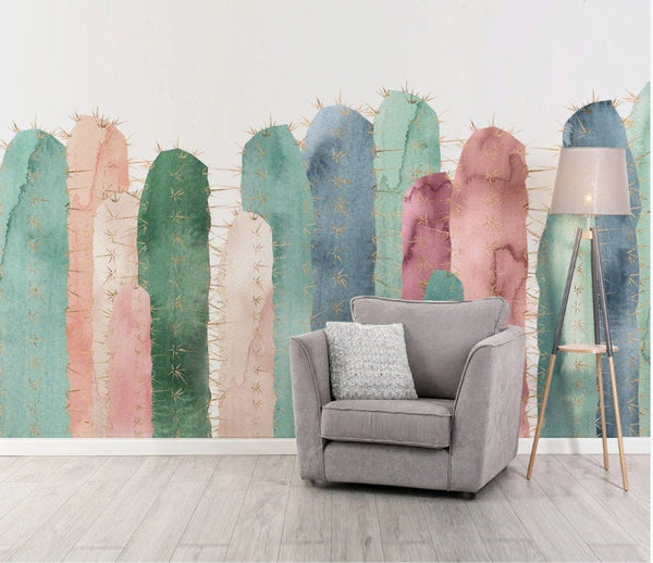 Colorful Long Prickly Cactus Modern Wallpaper Wall Art