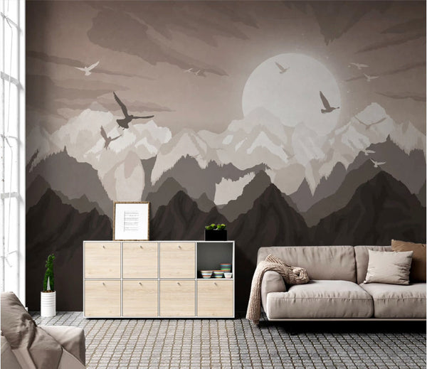 Mountain Silhouette Moon Fullmoon Birds Wallpaper Wall Art