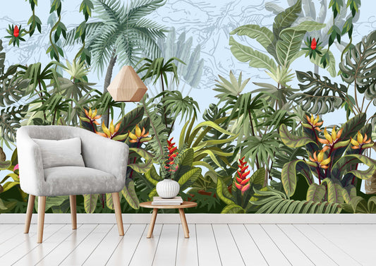 Tropical Jungle Plants and Leaves Floral Wallpaper Wall Art