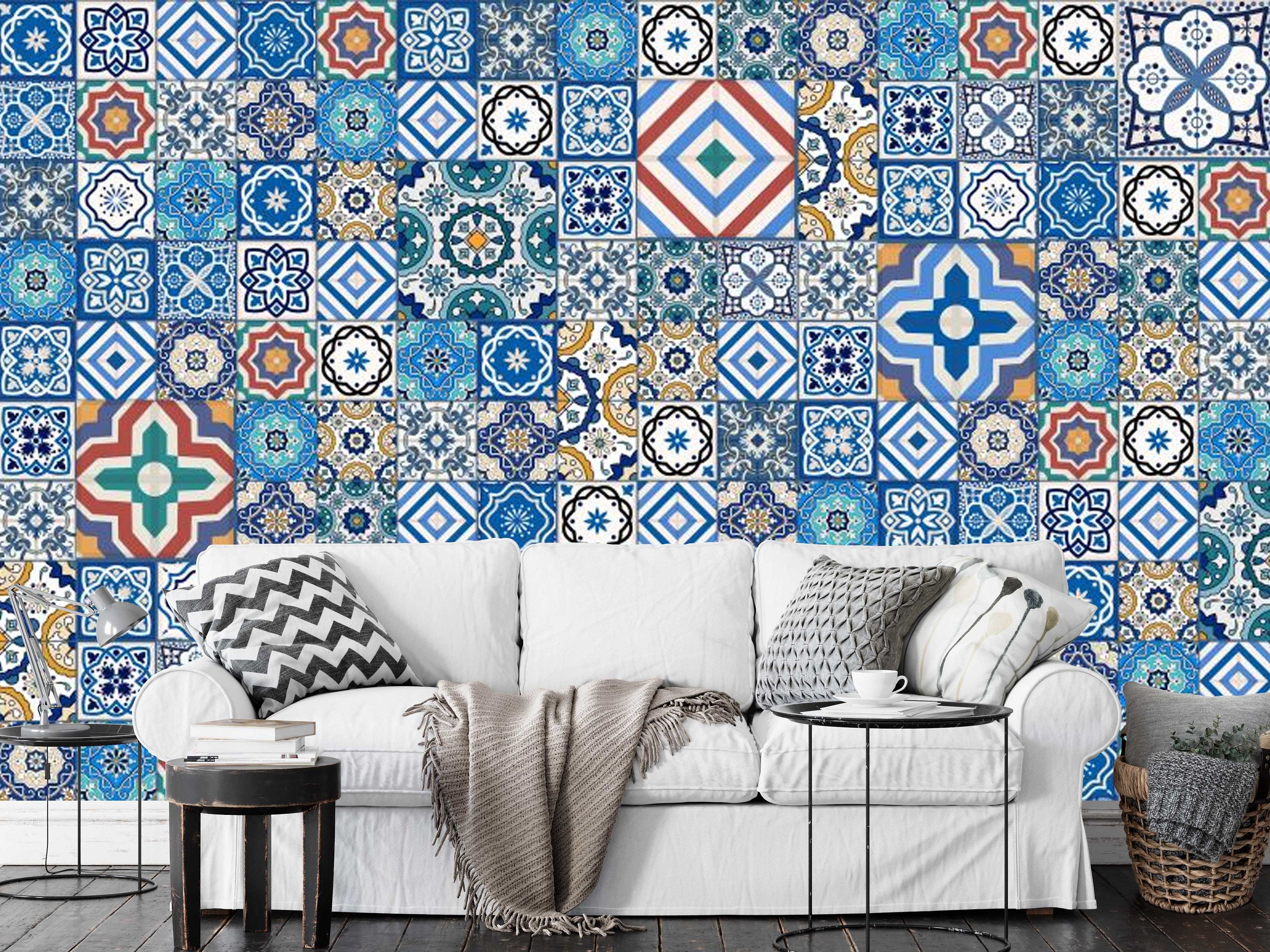 Arab Motif Blue Square Design Wallpaper Decor Wall Art
