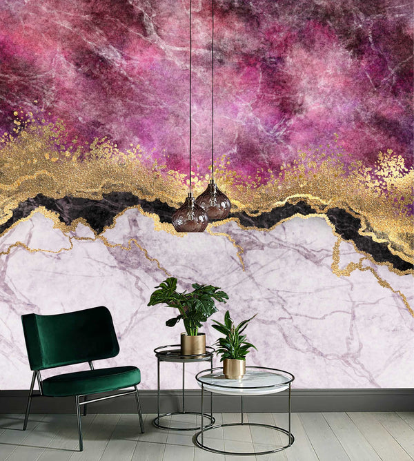 Marble Abstract Pinky and Gold Yellow Art Wallpaper