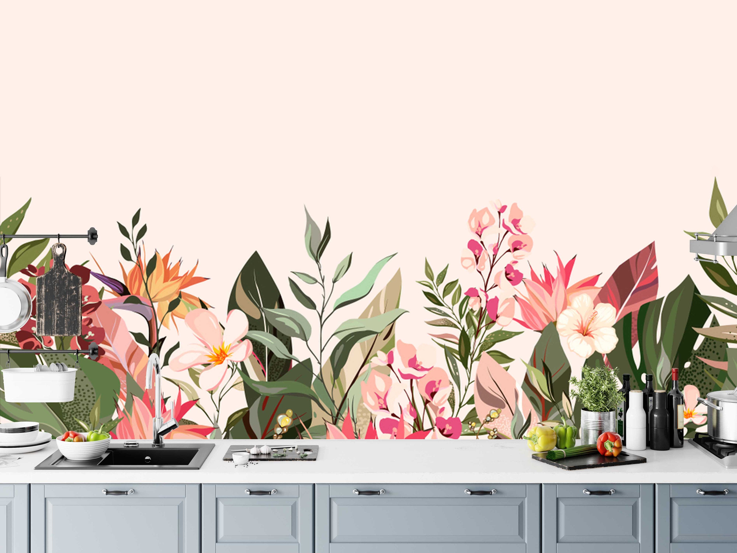 Botanic Exotic Flowers Pink Background Floral Wallpaper