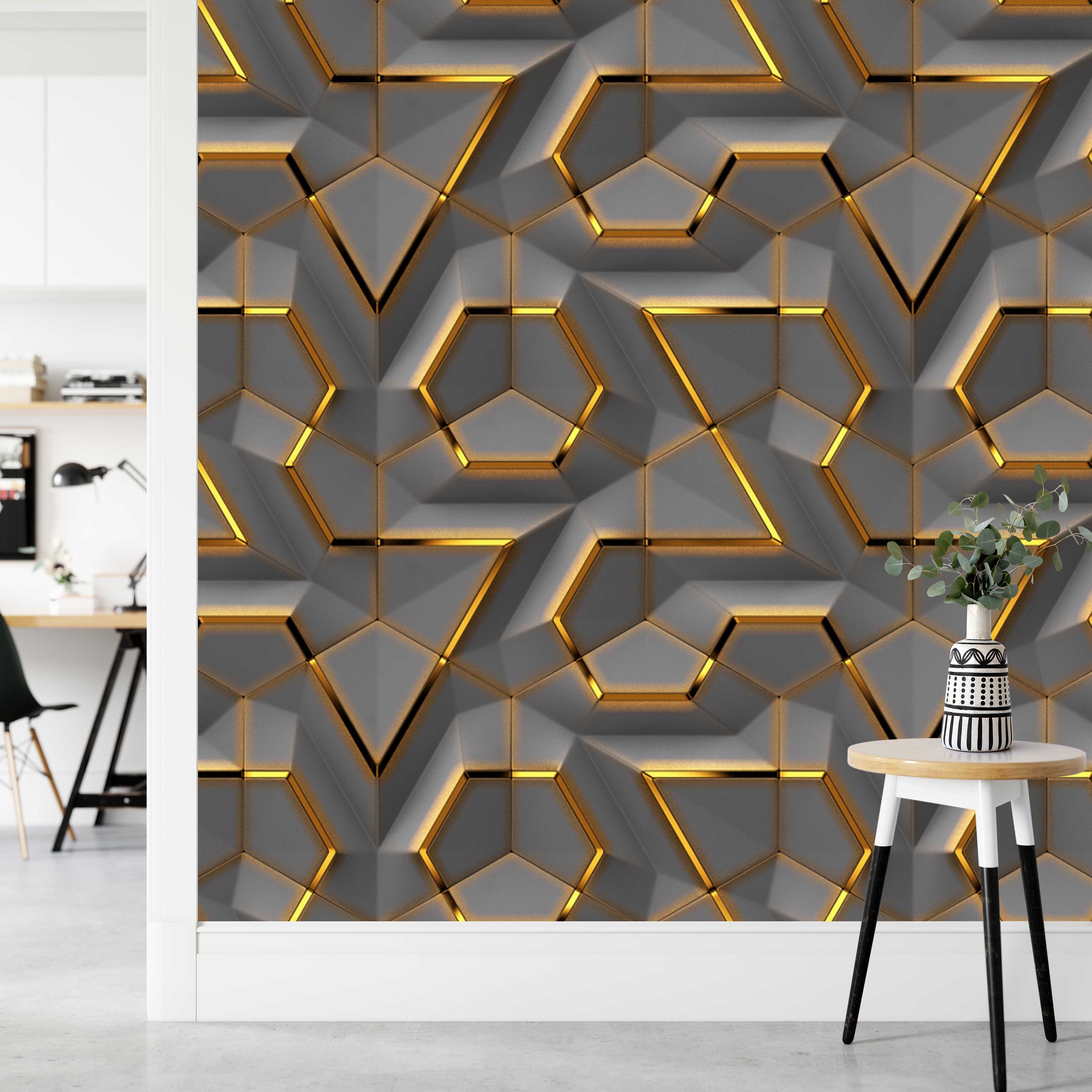 Gray Panel Gold Decor Geometric Background Wallpaper Wall Art