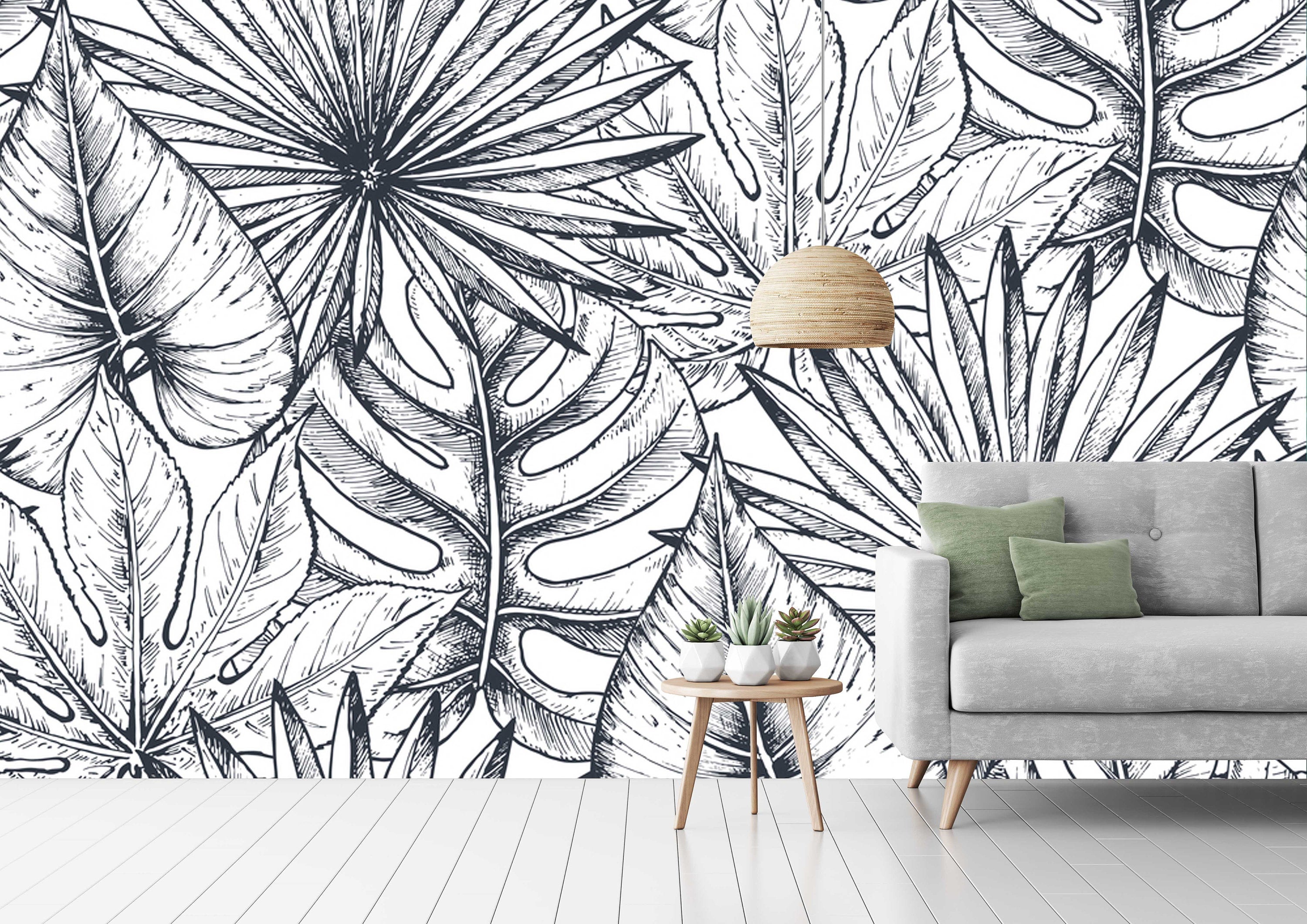 Hand Draw Black White Leaves Floral Wallpaper Mural Art