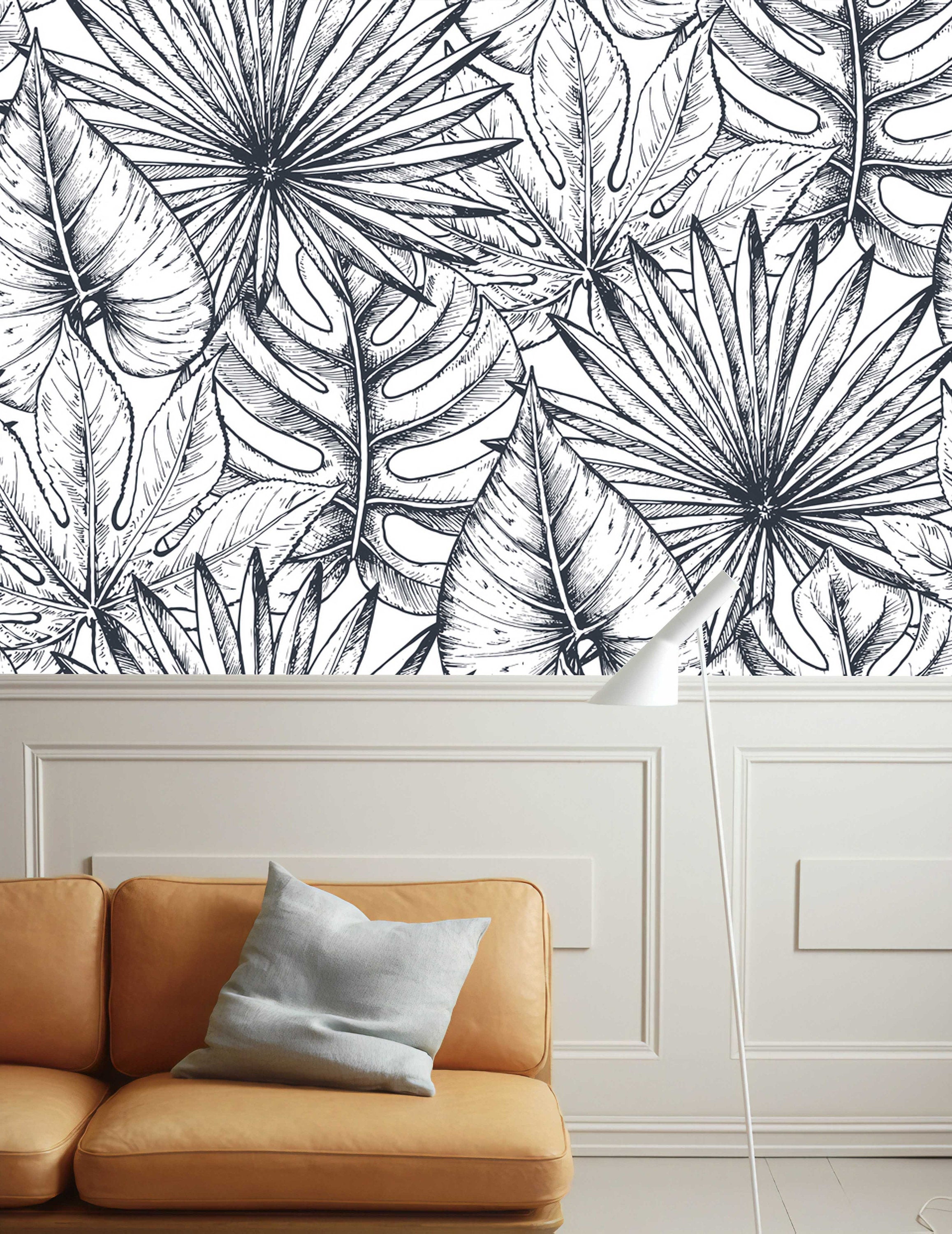 Hand Draw Black White Leaves Floral Wallpaper Mural Art
