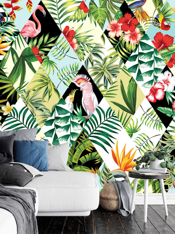 Vivid Multicolor Leaves and Animals Exotic Floral Wallpaper