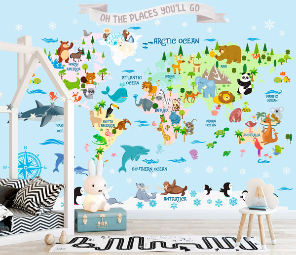Animals On The World Map Blue Background Colorful Wallpaper