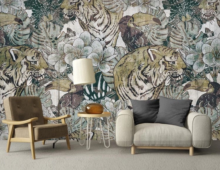 Lion Bird Tropical Jungle Leaf Animals Flowers Floral Wallpaper