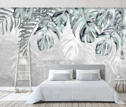 Exotic Plant Tropical Big Leaves Gray Abstract Floral Wallpaper