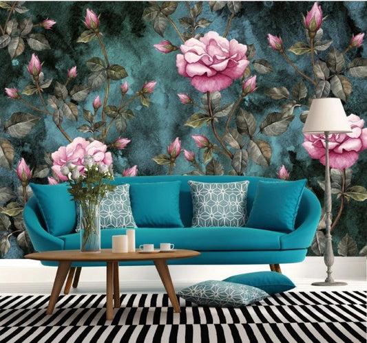 Pink Flowers Leaves Floral Black Blue Background Wallpaper