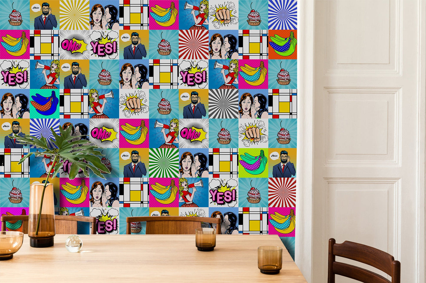 Popart Humans Fruits Symbols Articles Mutlicolor Wallpaper