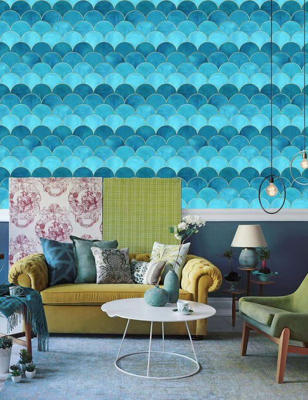 Blue and Gold Half Circle Abstract Geometric Shapes Wallpaper