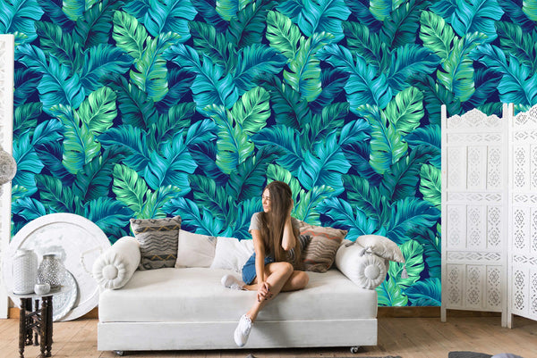 Turquouise and Green Palm Tree Leaves Floral Wallpaper