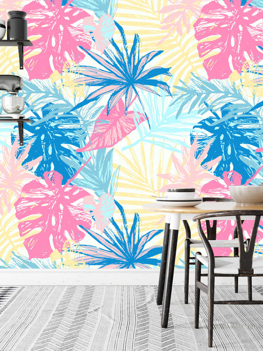 Colorful Banane and Palm Tree Leaves Floral Wallpaper